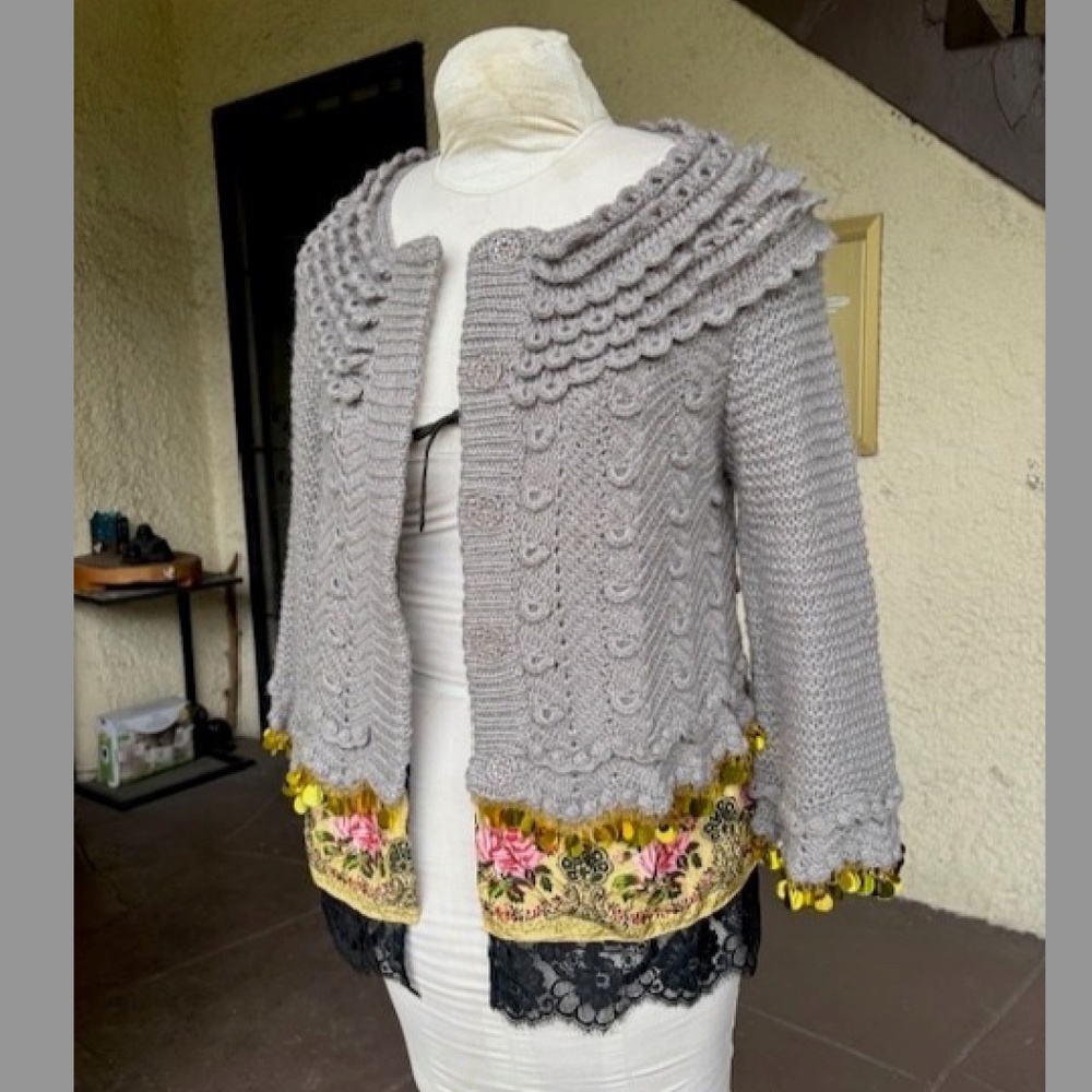 MANOUSH Wool/Alpaca 3/4 Sleeve Cardigan w/ Floral Silk Trim & Pailletes EUC/ XS
